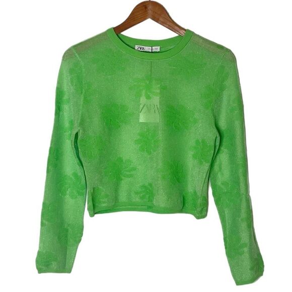 Zara Floral Knit Crop Semi-Sheer Long Sleeve Sweater Top - Picture 2 of 9
